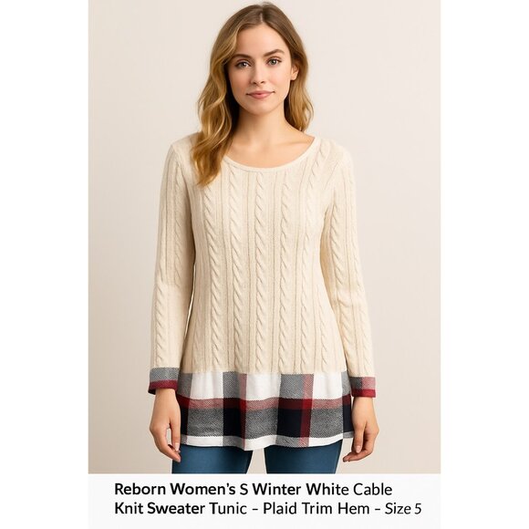 Reborn Women’s S Winter White Cable Knit Sweater Tunic – Plaid Trim Hem – Size S - Picture 4 of 6